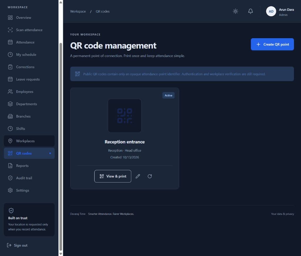 Devaraj Time QR code management screen with a configured workplace attendance point